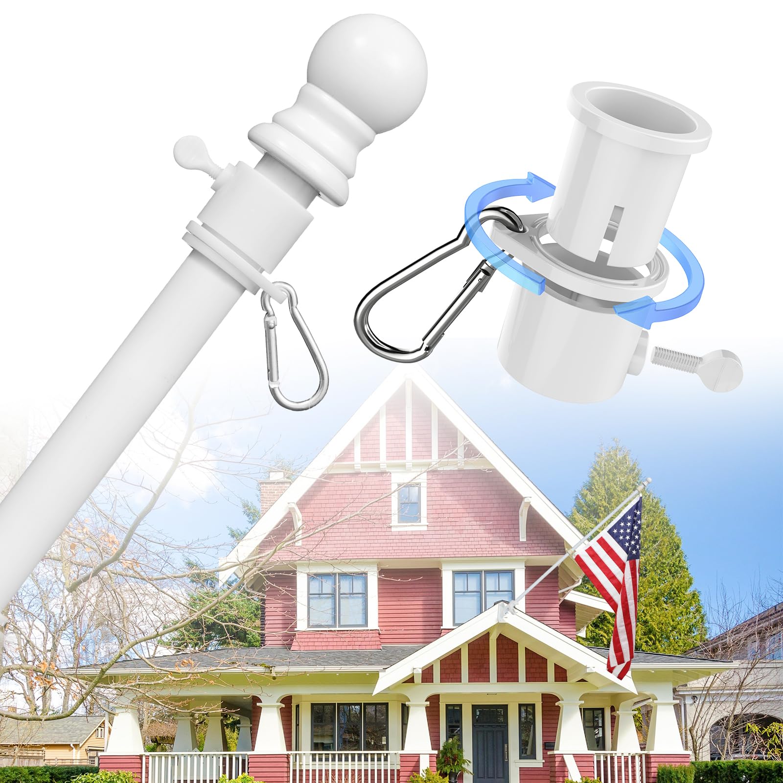 Photo 1 of House Flag Pole Kit - 6ft Tangle Free Heavy Duty Flag Holder for Outside House,Adjustable Flagpoles Residential for Outdoor Porch Garage Boat Truck, Wall Mount & Portable Hand Held Flagpole - white