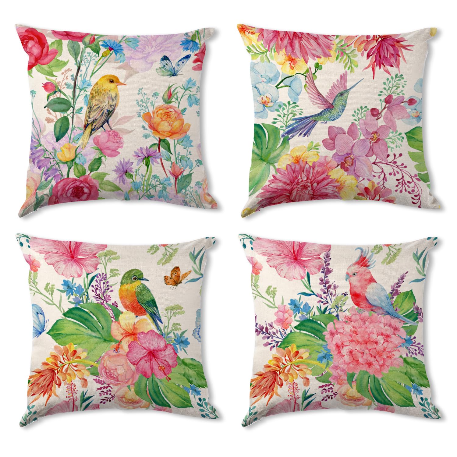 Pack of 4 Floral Cushion Covers 45 x 45cm Retro Garden Flowers Birds Decorative Velvet Throw Pillow Covers Garden Foyer Patio Decor Modern Boho Floral Cushion Cases for Living Room Bedroom Decor