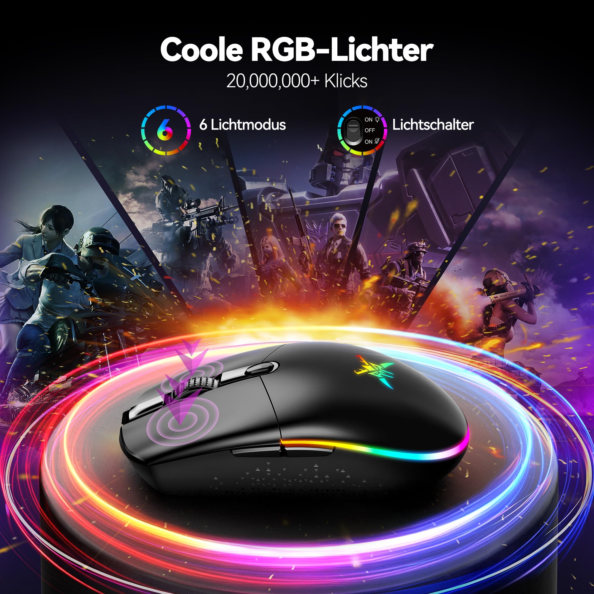 TECKNET Kabellose Gaming-Maus, RGB 2.4G/USB-C Kabelgebundene Gaming-Maus, 8000 DPI Wiederaufladbar, PC Gaming Mouse mit Programmierbaren Tasten, 72g Ultraleicht Maus für Windows XP/11/10/8/7 usw 6