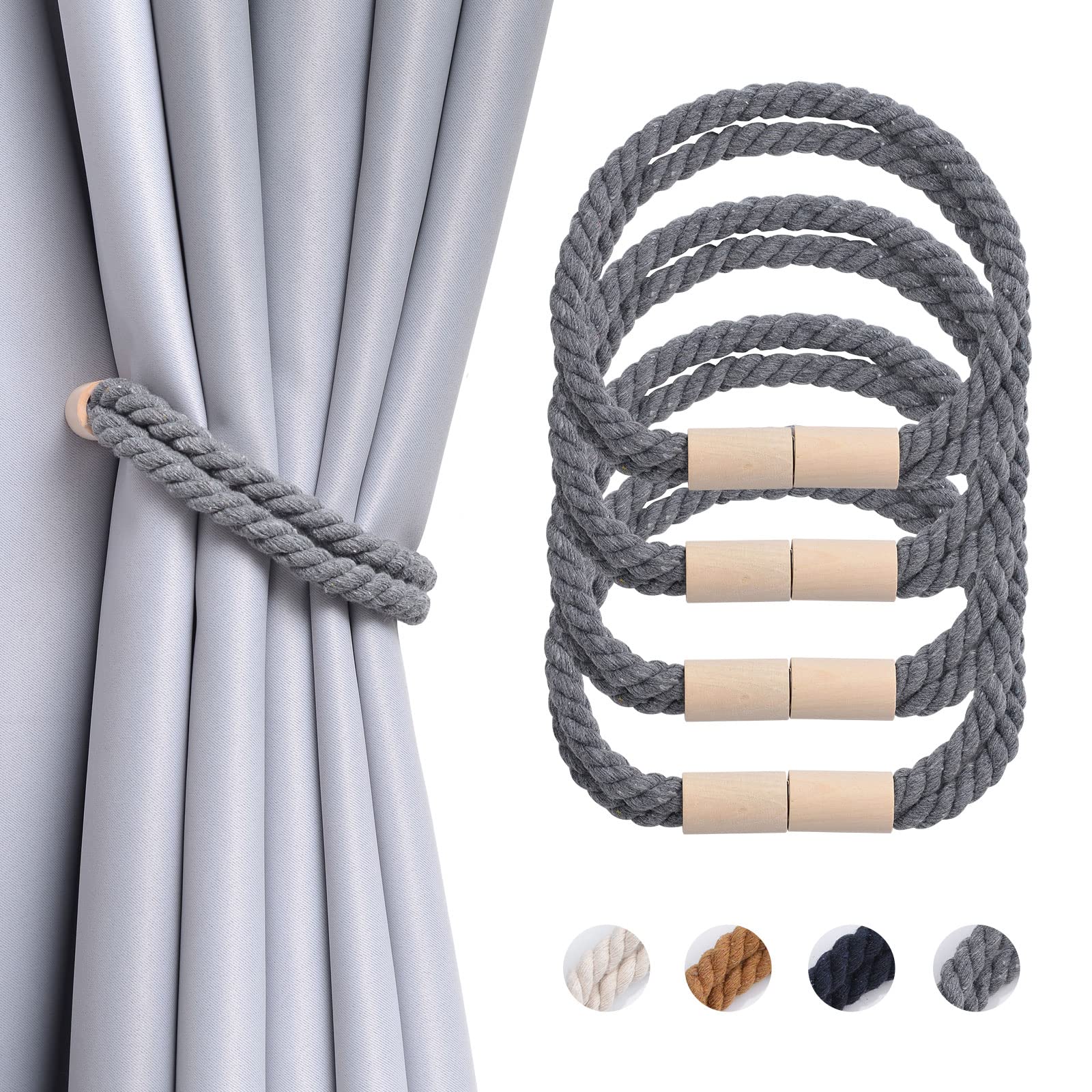 Pretty Jolly 4 Pack Wooden Magnetic Curtain Tiebacks Boho Decoration Drape Tie Backs Natural Cotton Handmade Double Rope Curtain Holdbacks for Thin or Thick Home & Office Window Drapery (New Grey)