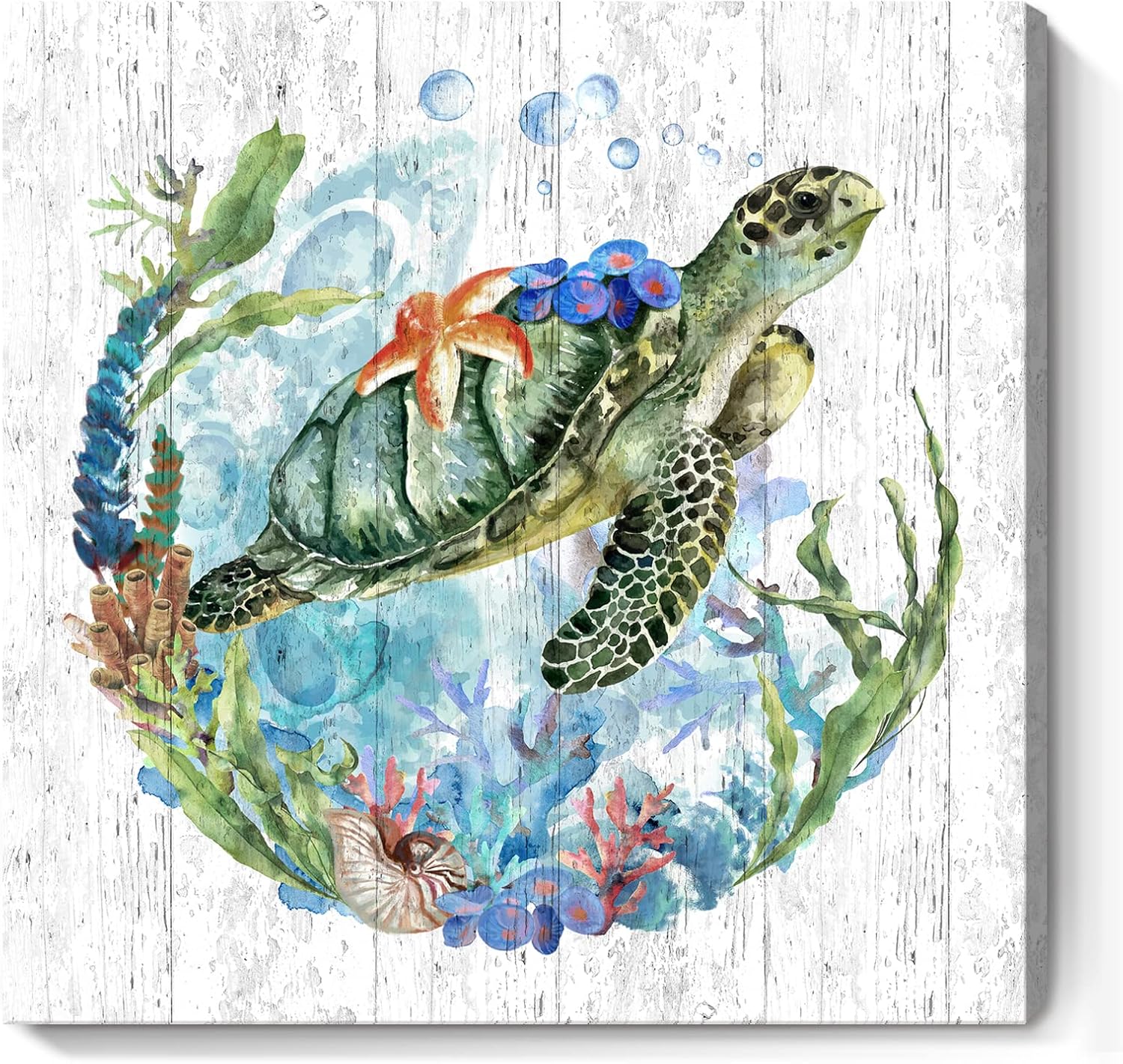 Wall Décor - Canvas Wall Art Bathroom Coastal Decor Sea Turtle Canvas Picture Framed Ocean Beach Theme Seascape Artwork Green Blue Nautical Sealife Animal Starfish Coral Conch Seaweed Canvas Print for Baby Nursery Kids Room Living Room Bedroom 14