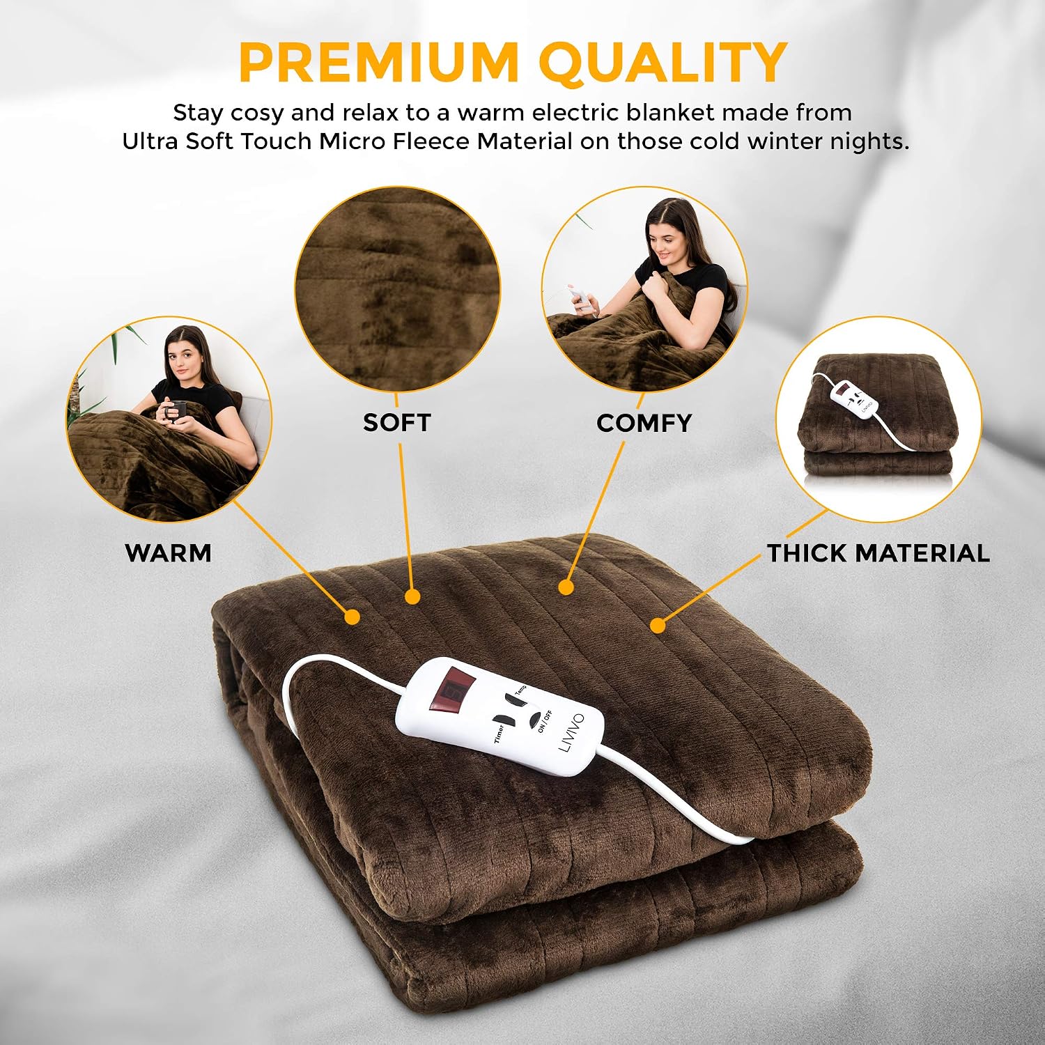 LIVIVO Electric Heated Blanket, 160x130cm, Ultra Soft Fleece Electric Over Blanket Throw with 9 Heat Settings, Timer - Image 5