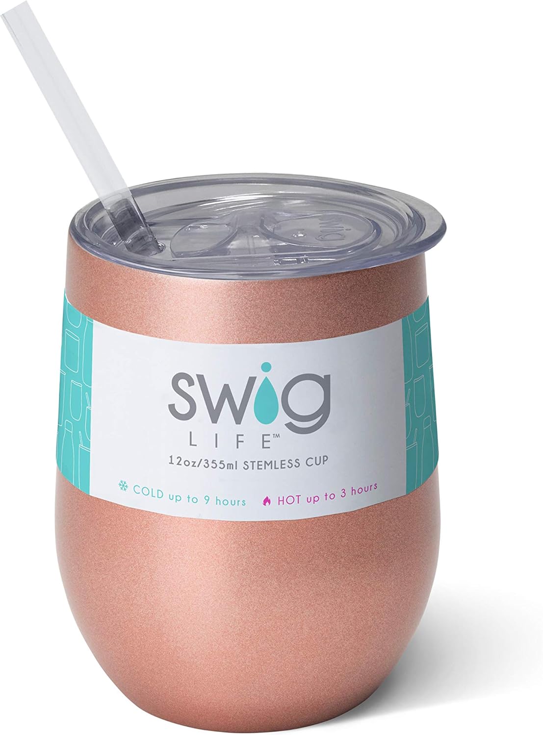 Swig Life Stainless Steel Triple-Insulated 12oz Stemless Wine Cup with BPA Free Slide-Closure Lid and Reusable Straw in Rose Gold