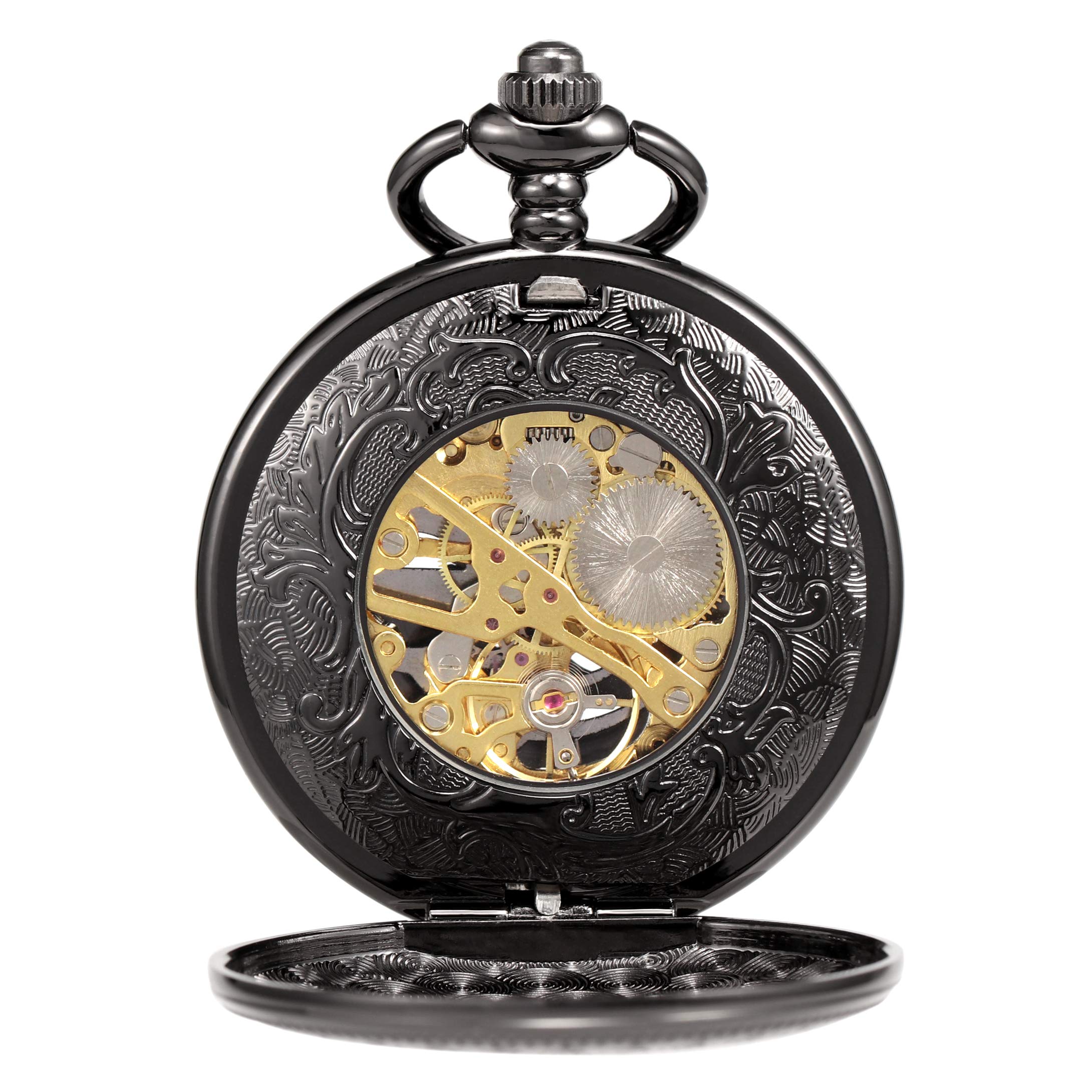 TREEWETO Pocket Watch Skeleton Hand-Wind Mechanical Double Case Roman Numerals Antique with Fob Chain Box