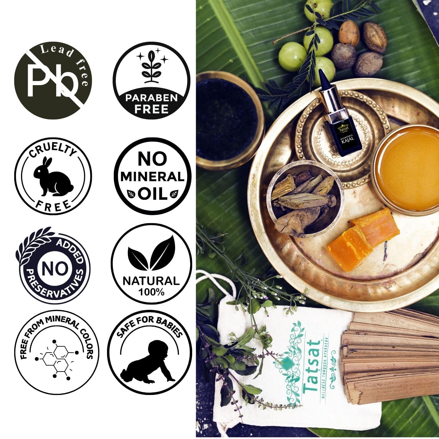 TATSAT - WELLNESS THROUGH AYURVEDA Kajal With Pure Herbs, Medicated Soot And Desi Cow Ghee|Safe For Babies|Lab Tested|No Preservatives, Black, Matte Finish (1 Count (Pack of 1))