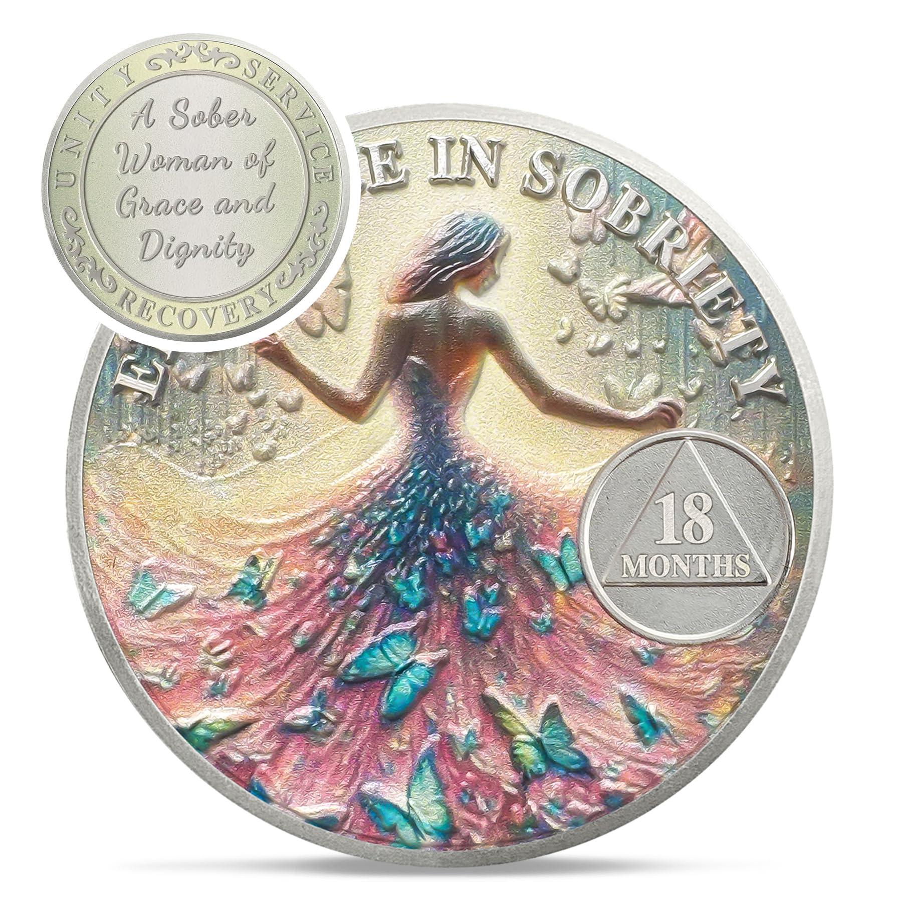 Photo 1 of Artsy Grace Women 18 Months Sobriety Coin - Recovery Butterfly 18 Month AA Coins - Sister Power Addiction NA AA Chips and Medallions - Celebrate 1-40 Years Alcoholics Anonymous Gifts for Women Men