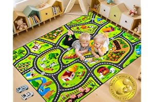 ALPHABETACRE Kids Farm Play Rug, 3x5 Ft Happy Farm Activity Playmat, Extra Thick (0.4in) - Non-Slip Car Rugs for Kids' Toy Cars, Educational Play Mat Race Track Carpet for Kid's Room, Bedroom and Learning