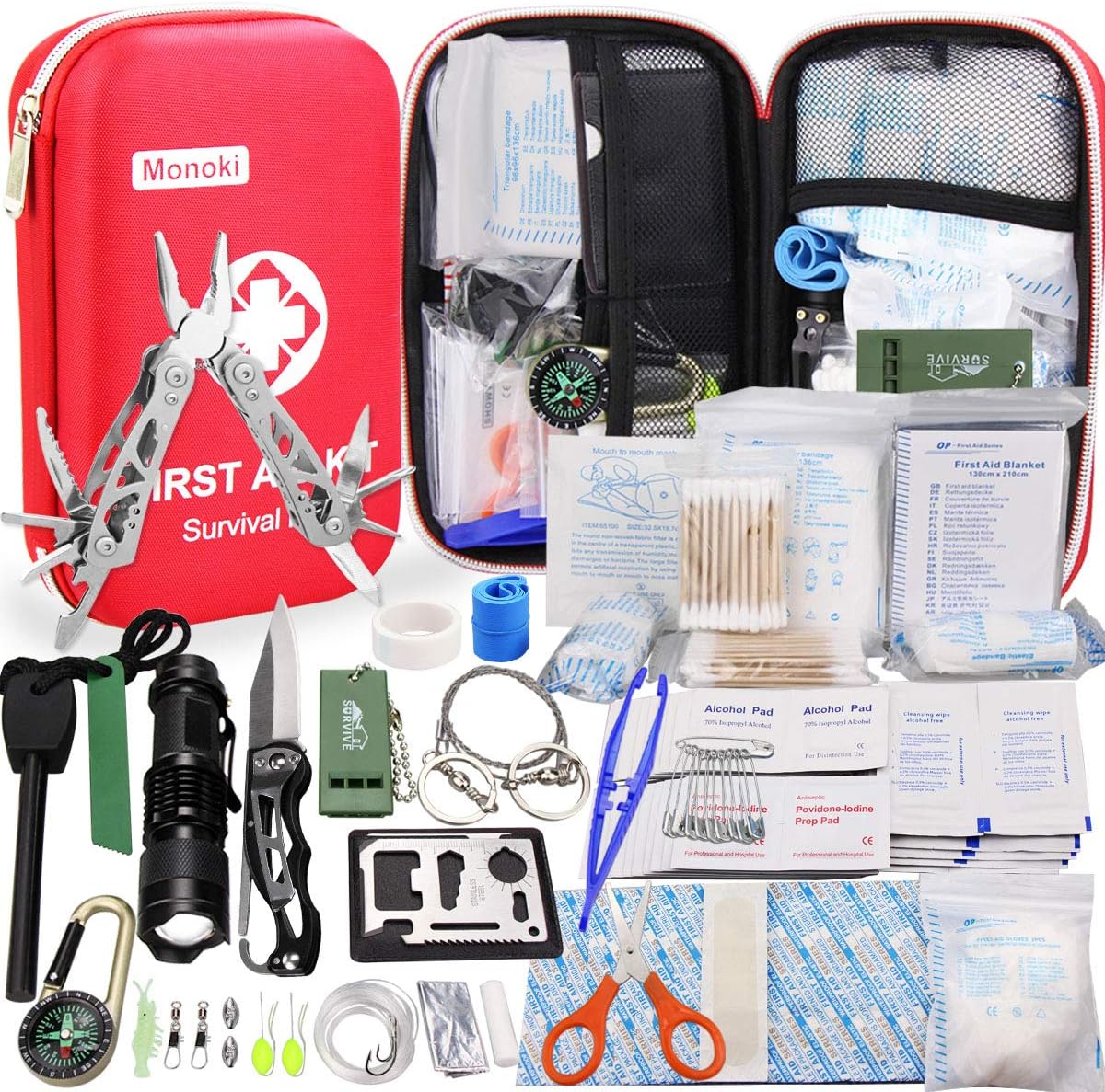 Monoki First Aid Kit Survival Kit, 241Pcs Upgraded Outdoor Emergency Survival Kit Gear - Medical Supplies Trauma Bag Safety First Aid Kit for Home Office Car Boat Camping Hiking Hunting Adventures
