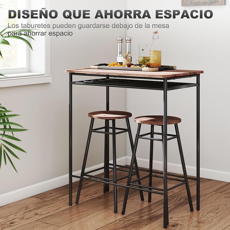 Bartisch und Hocker Set, 2 Hocker Industrial, Braun