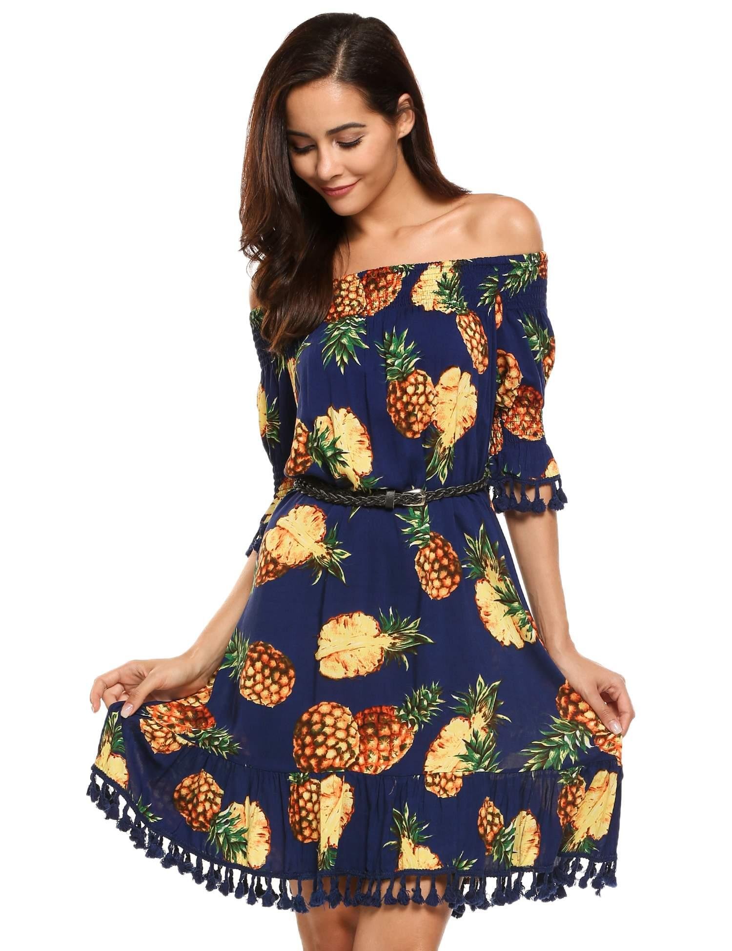 Beyove Women\'s Off Shoulder Tassel Trim Pineapple Printed Summer Party Dress,M