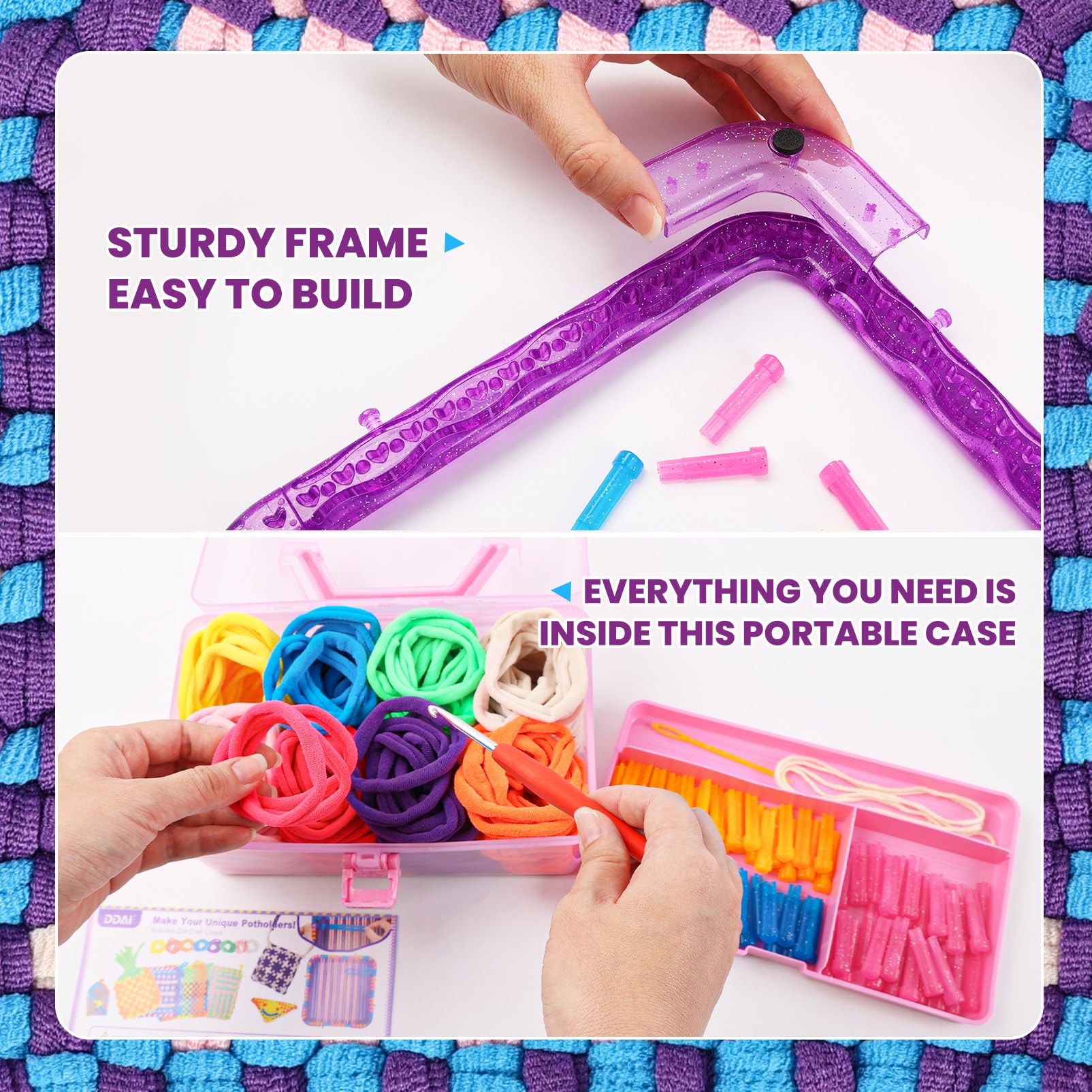 Weaving Loom Kit Toys Crafts - Arts and Crafts for Kids and Adults - Great Birthday Gifts for Girls Ages 6 7 8-12 13 Years Old - Sturdy Frame Potholder Loom Making Kits Portable Box and Craft Loops