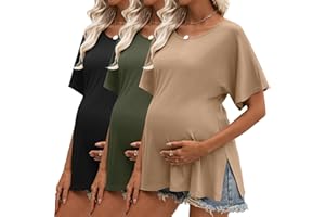 Riyiper 3 Pack Women's Maternity Tunic Shirts Cotton Summer Pregnancy Clothes Loose Oversized Split Side Blouse Tops