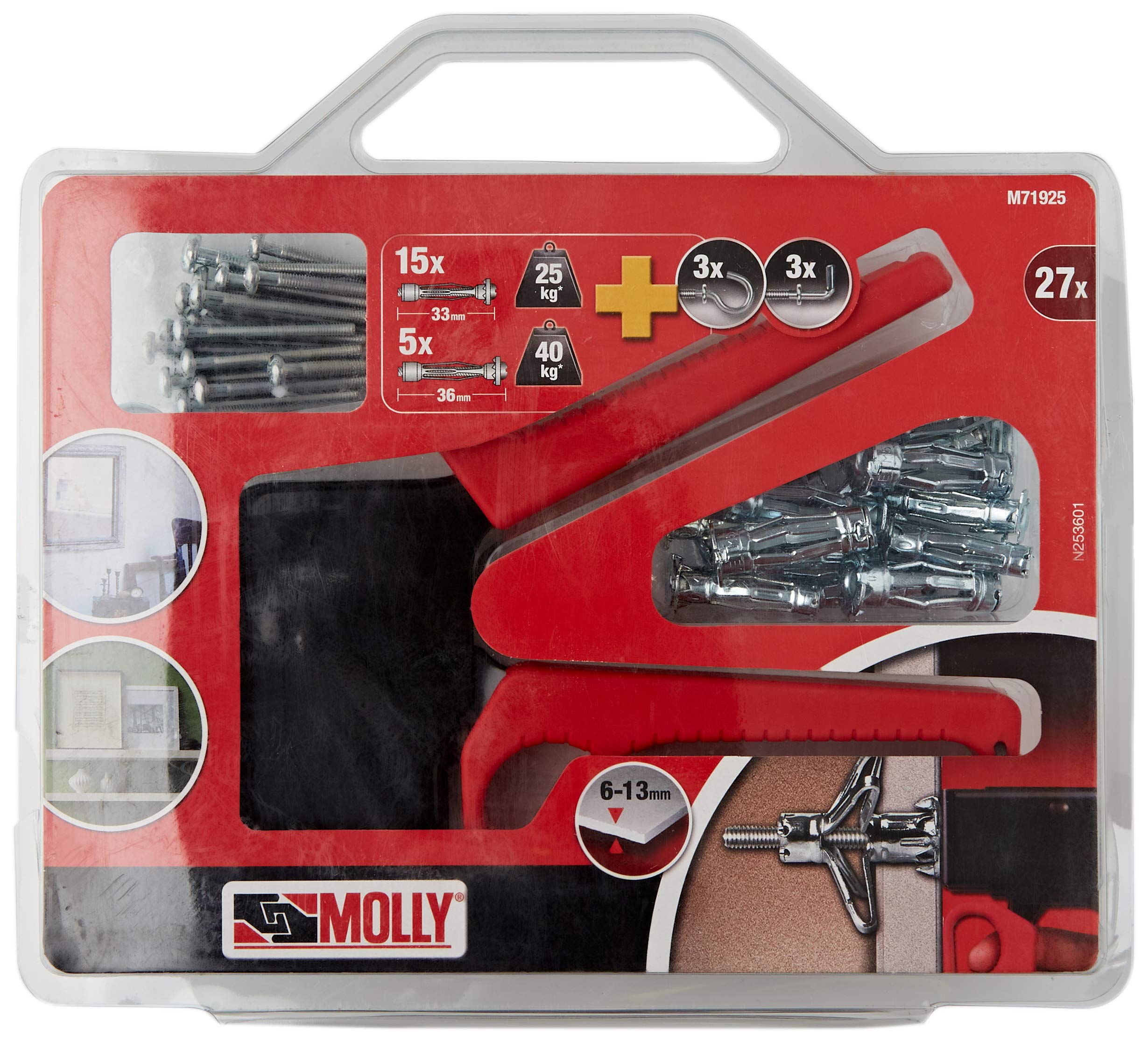 Molly Set of 20 Fixing Dowels - 10 Dowels 4 x 33 mm & 5 x 36 mm + Installation Pliers, Grey, Set of 27 M71925-XJ