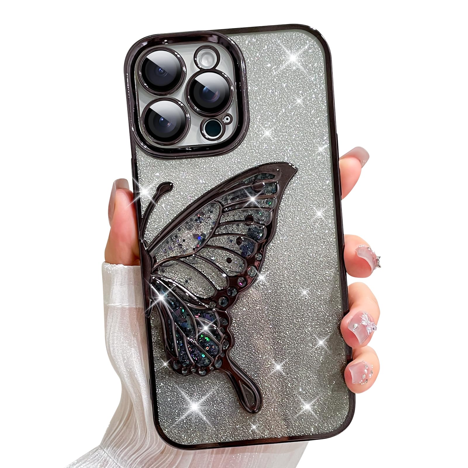 Photo 1 of LSL for iPhone 15 Pro Max, Cute Girly Luxury Bling Quicksand 3D Butterfly Design + Clear Shockproof Case with [1 X Screen Protector] [2 X Glitter Card] for Women Girls (for iPhone 15 ProMax)- Black