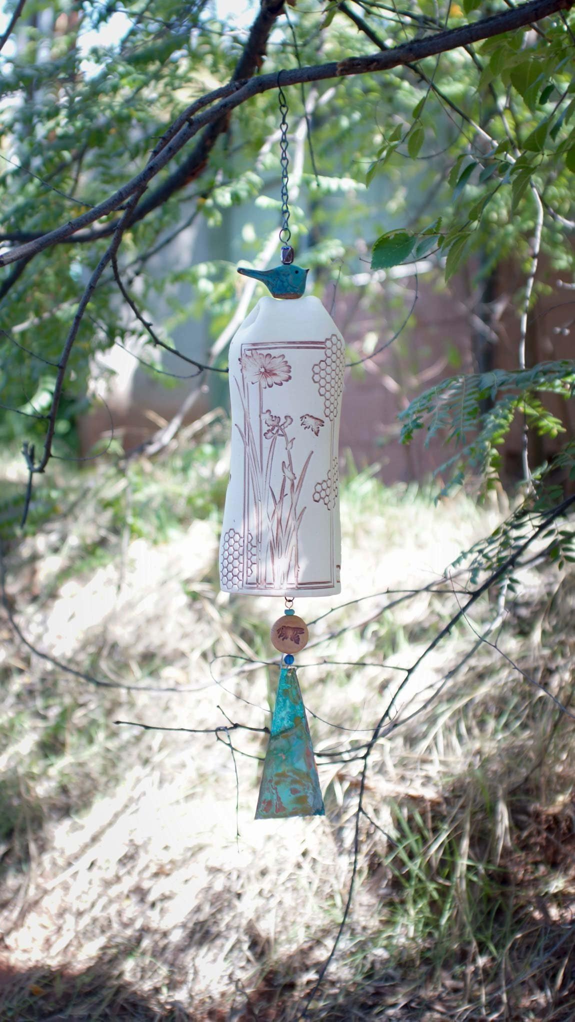 Anniversary Gift Handmade Garden Bell 9th Anniversary Gift Idea Pottery Barn Style Bluebird of Happiness Love Ceramic Windchime Best Selling Anniversary Gifts