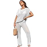 Famulily Womens 2 Piece Hollow Out Cover Up Set Crochet Knitted Outfits with Short Sleeve Tops and Long Pants