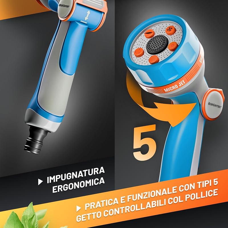 Pistola Acqua Giardino - 5 Tipi di Spruzzi - Pistola per Irrigazione Ultraleggera per Tubo Acqua con Spruzzo Multifunzione x Innaffiare Giardino e Lavaggio Auto. Controllo al Pollice.