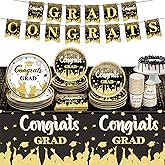 2025 Graduation Party Decorations, Black Graduation Party Supplies Disposable Paper Plates Napkins Cups Tablecloth Banner Dinnerware Set for Congrats Grad Party Decorations, Serve 25