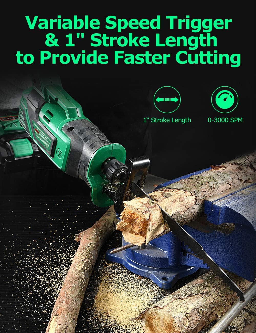 KIMO 20V 4.0Ah Li-ion Brushless Cordless Reciprocating Saw w/Battery & 1 Hour Fast Charger, 1" Stroke Length, Variable Speed, 8 Saw Blades for Wood/Metal/PVC Pipe Cutting, Demolition, Tree Trimming - - 