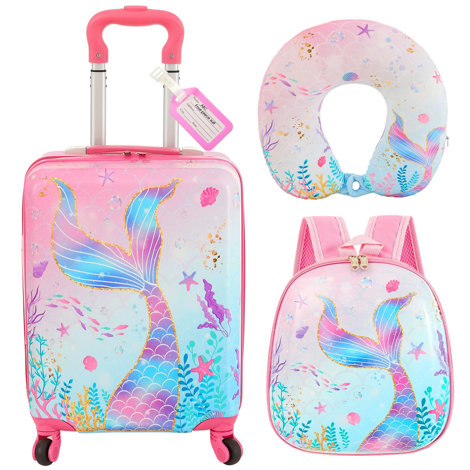 Photo 1 of (handle is stuck) Sanwuta 4 Pcs Kids Luggage Set Kids Backpack Travel Rolling Suitcase with Wheels U-shape Pillow Childrens Gift for Girls Boys(17 Inch,Mermaid's Tail Style,Blue Purple)
