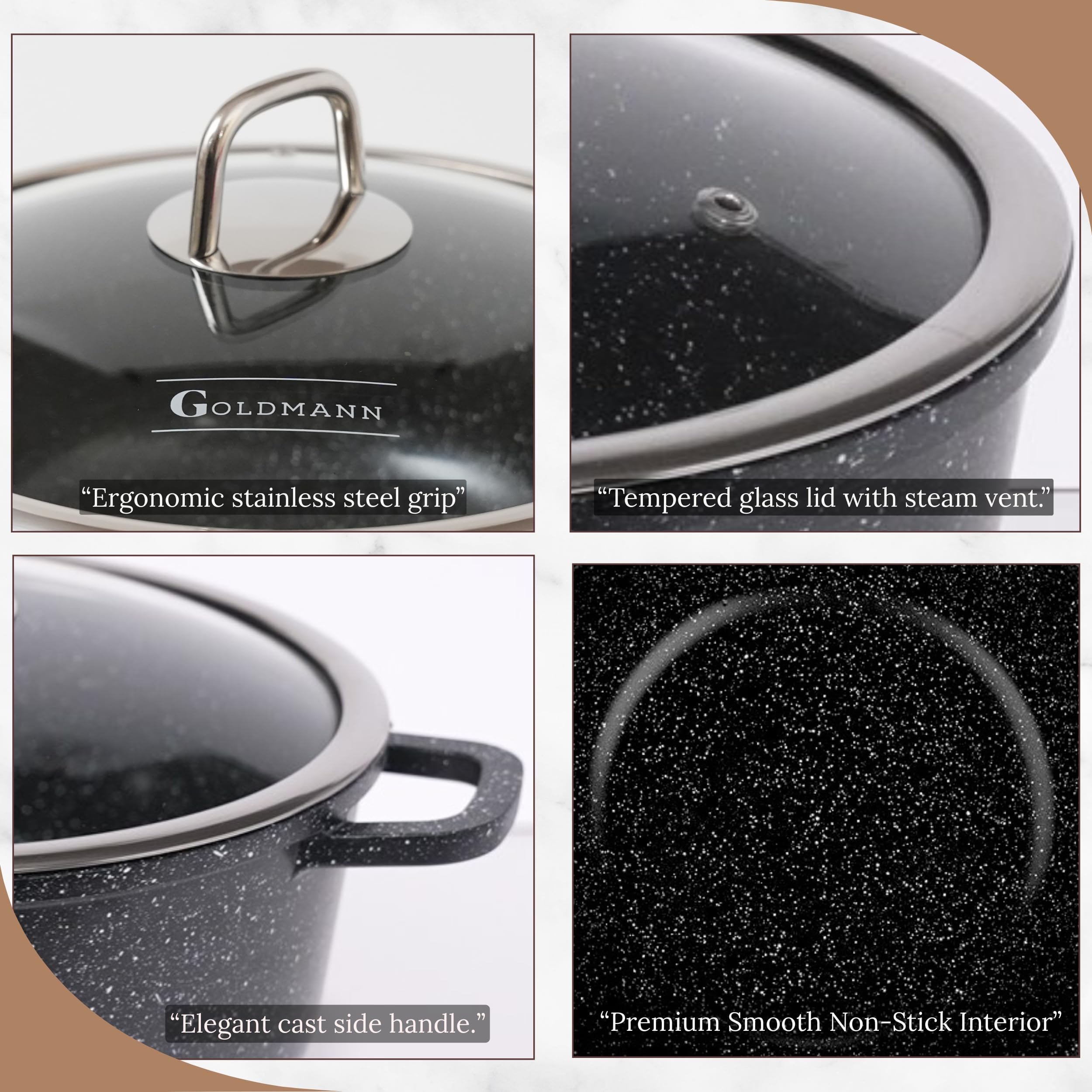 GOLDMANN Kochtopf aus Aluminiumguss, 24 cm - 4.5 L, antihaftbeschichtete Keramik-Marmor-Optik, Glasdeckel, induktions- und für alle Herdarten geeignet, ofenfest und PFOA-frei 5