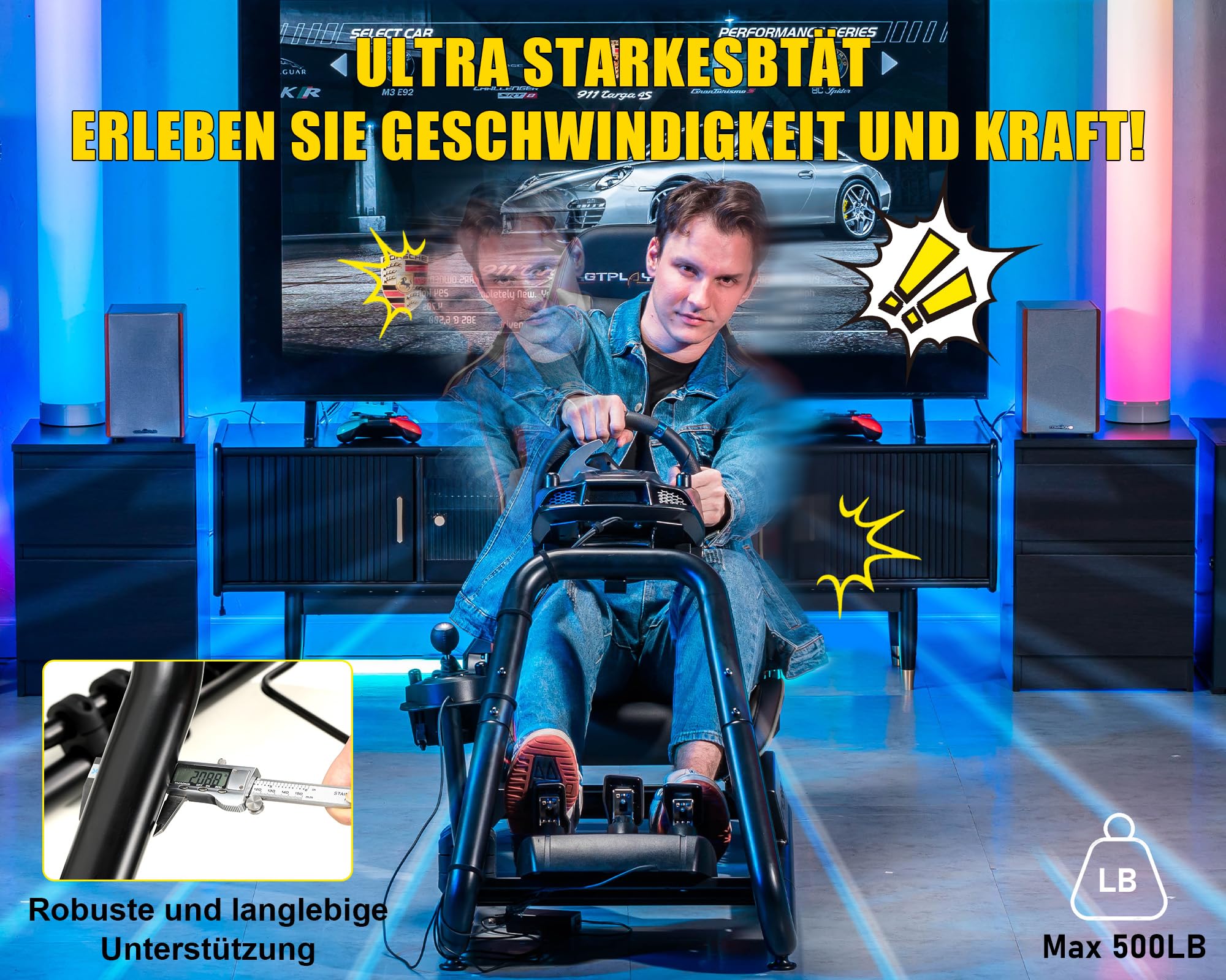 GTPLAYER Simulator Cockpit, SIM Racing Cockpit, rennsimulator lenkradständer mit Lautsprechern, Lenkrad und Pedalablage 7