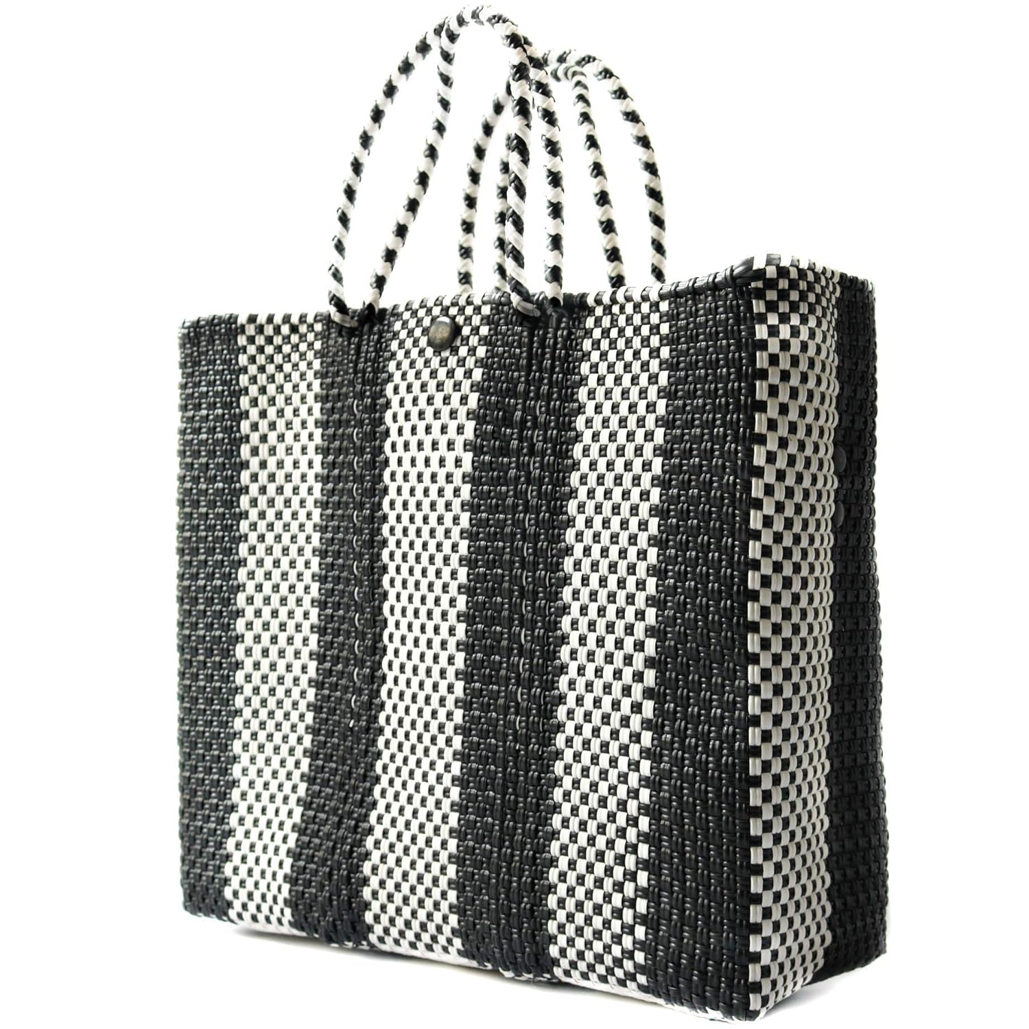 woven bag with leather straps