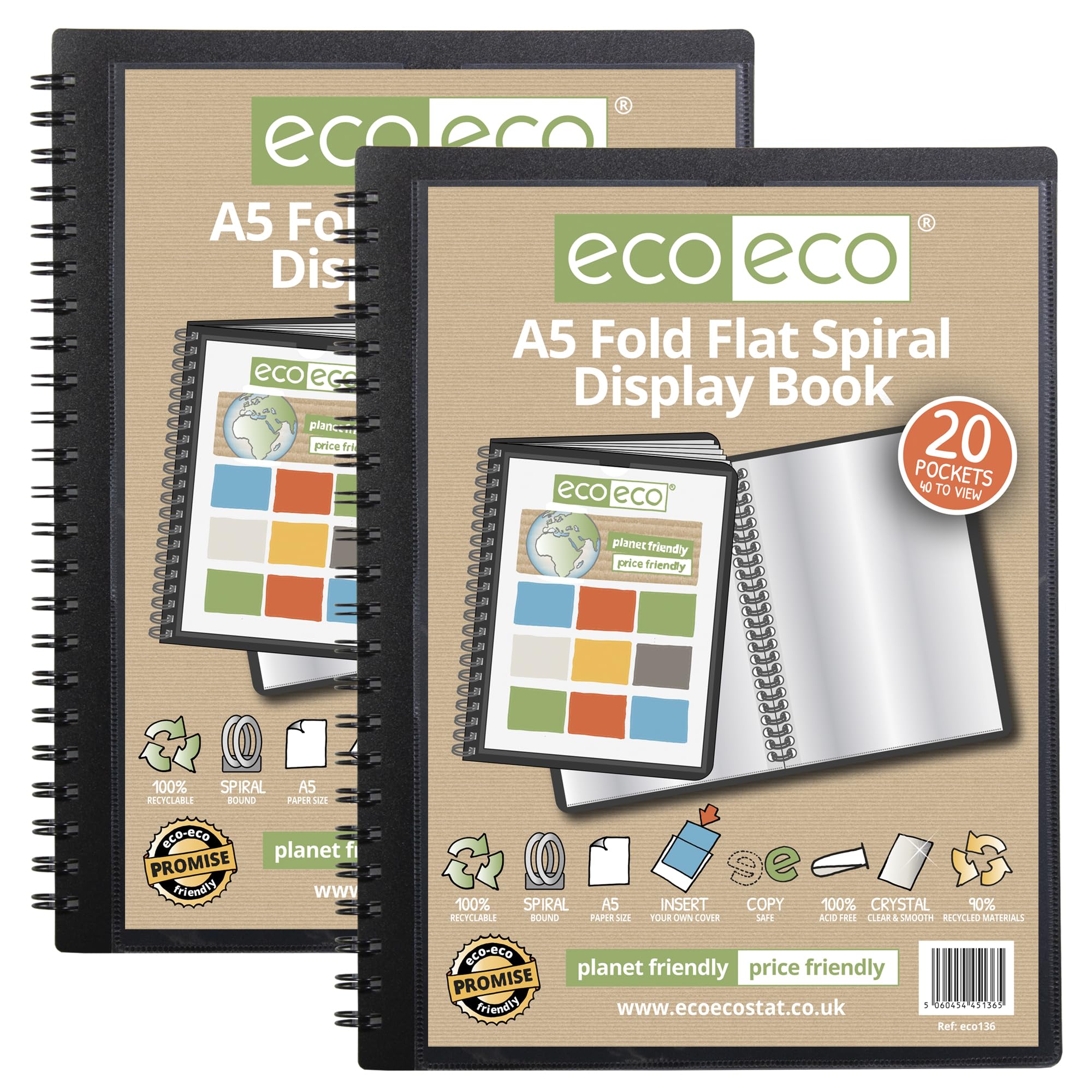 eco-eco A5 50% Recycled 20 Pocket Fold Flat Spiral Bound Display Book, Pack of 2, eco136x2