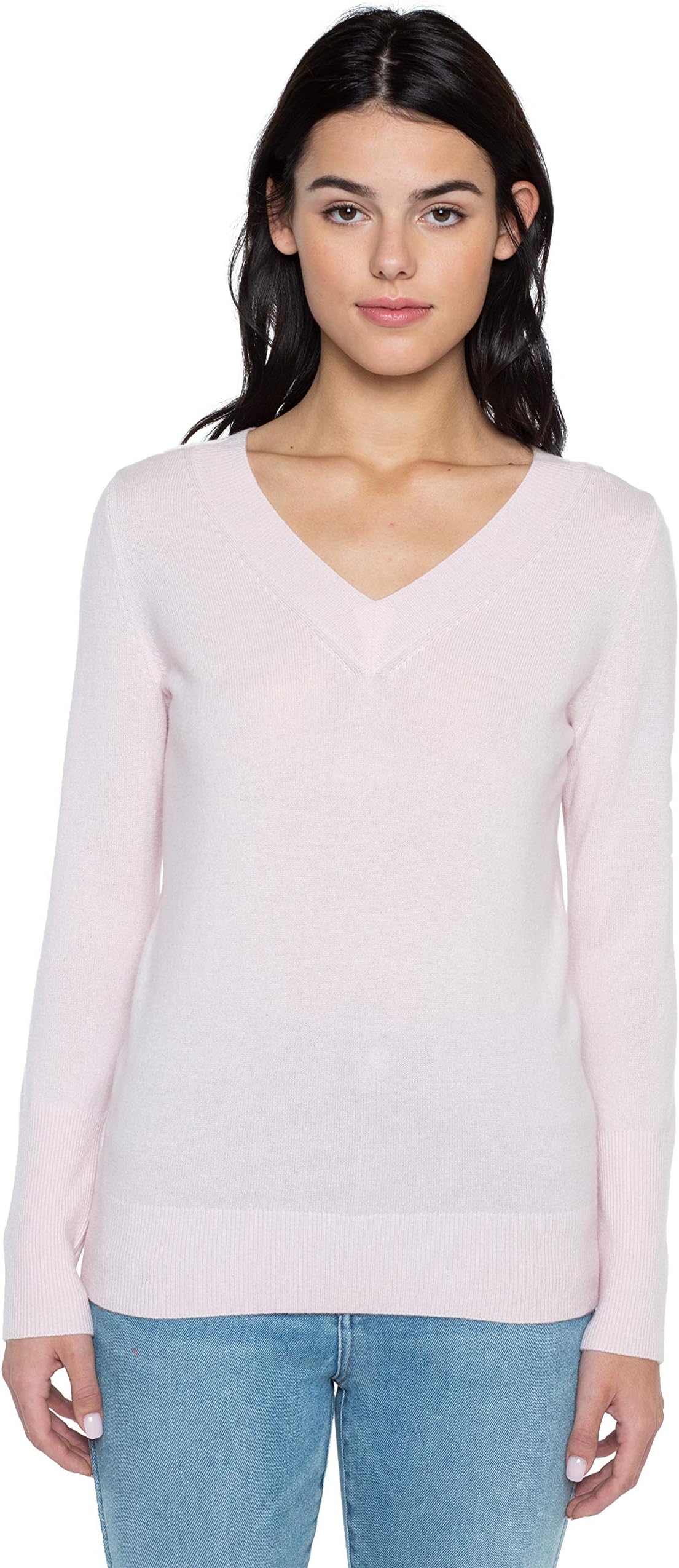 JENNIE LIU Women's 100% Pure Cashmere Long Sleeve Ava V Neck Pullover Sweater