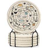 Kokaaee Drink Coasters Set of 6 - Cup Absorbent Coasters for Drinks Coffee Table Home Office Desk Decor Soft Woven Cotton Cloth Braided Fabric Drinking Cup Mat with Holder Cute Funny Cats