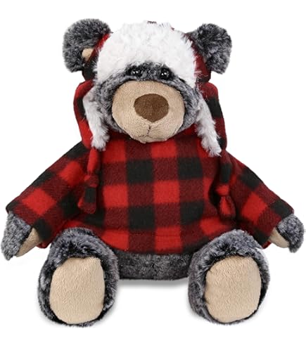 DolliBu Plaid Brown Moose Stuffed Animal - 10 Inch Hoodie Plush Toy For Kids And Adults