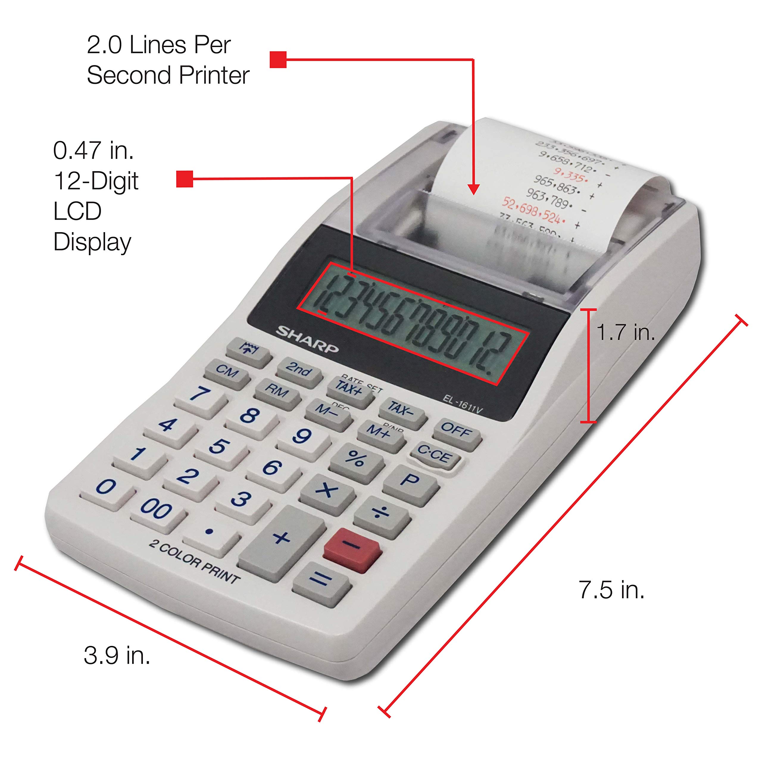 Sharp EL-1611V Handheld Portable Cordless 12 Digit Large LCD Display Two-Color Printing Calculator with Tax Functions