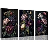3 Pcs Moody Floral Canvas Wall Art Vintage Dark Peony Flowers Botanical Still Life Painting Picture Wall Decor Poster Print Artwork for Living Room Bedroom Women Room Home Decoration