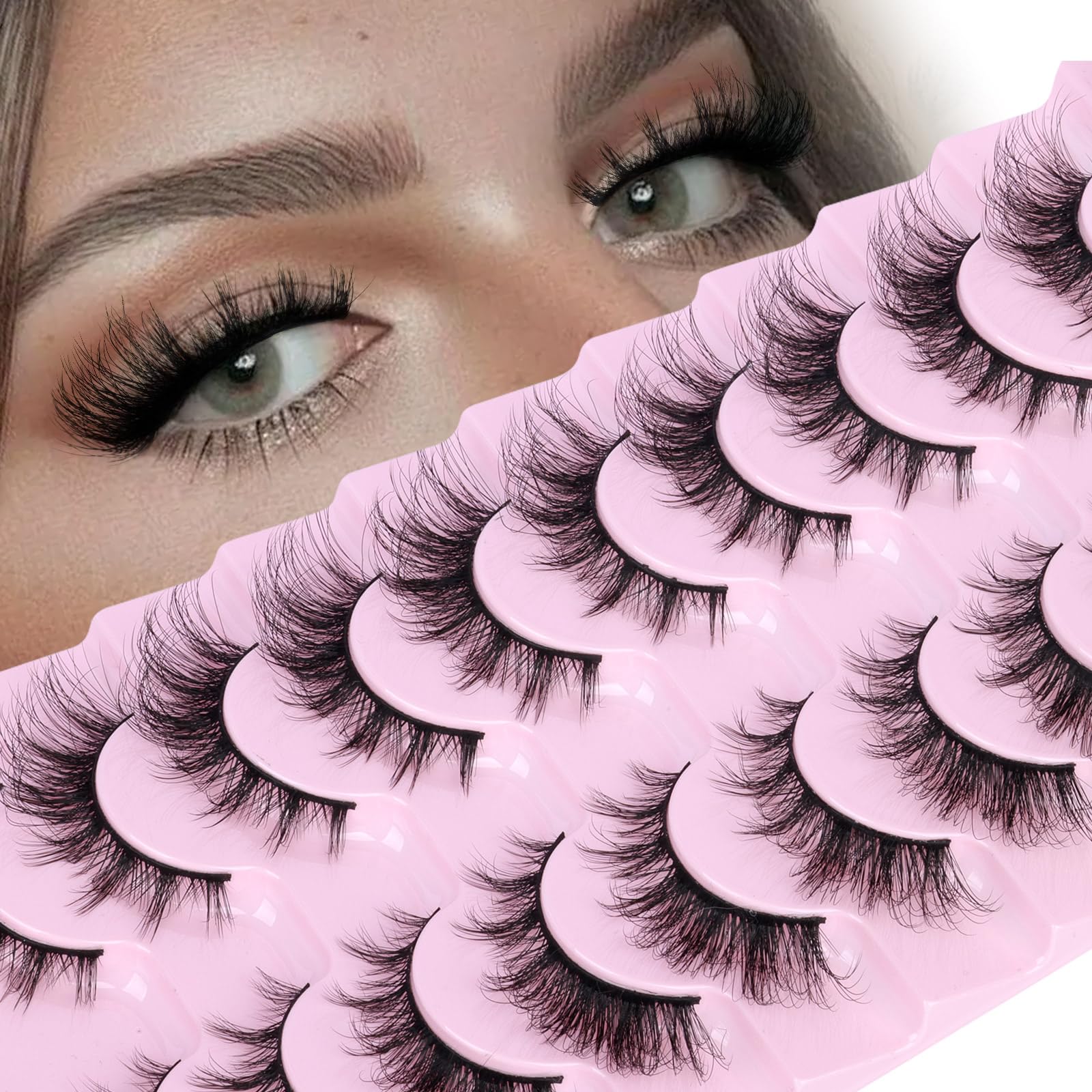 Photo 1 of False Eyelashes Cat Eye Strip Lashes Volume False Lashes D-Curly Faux Mink Lashes Wispy Lash Extension Thin Band 3D Volume Eyelashes 10 Pairs Pack by zanlufly