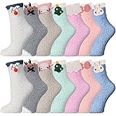 Jspupifip Cute Fuzzy Socks for Women, 7 Pairs Soft Animal Dolls Slipper Socks Winter Fluffy Sleeping Warm Sock Christmas Gift