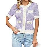 Langwyqu Womens Short Sleeve Button Down Cardigans Sweater Cropped Lightweight Crew Neck Elegant Tops