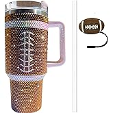Dyshuai 40 OZ Bling Tumbler with Handle and Straw,Football Stainless Steel Water Bottle,Large Rhinestone Tumbler for Women Girls with Cute Straw Covers Cap (Brown)