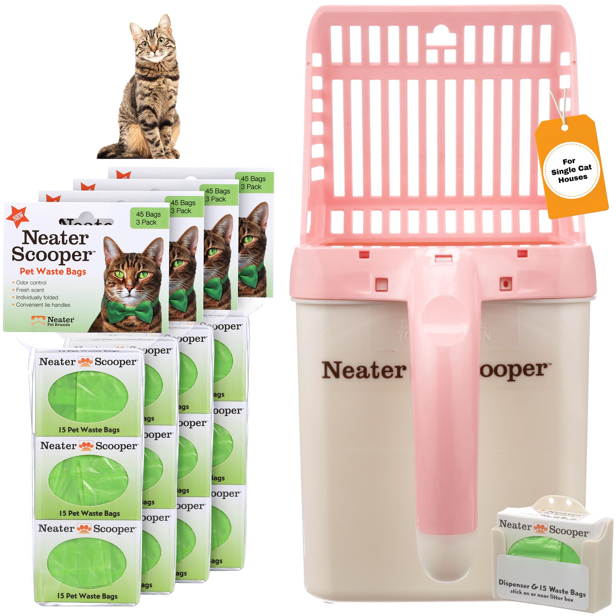Neater Pet Brands - Neater Scooper Cat Litter Scoop and 195 Count Refill Bag Bundle - Cat Litter Sifter Poop Scoop System with Extra Waste Bags, Pink