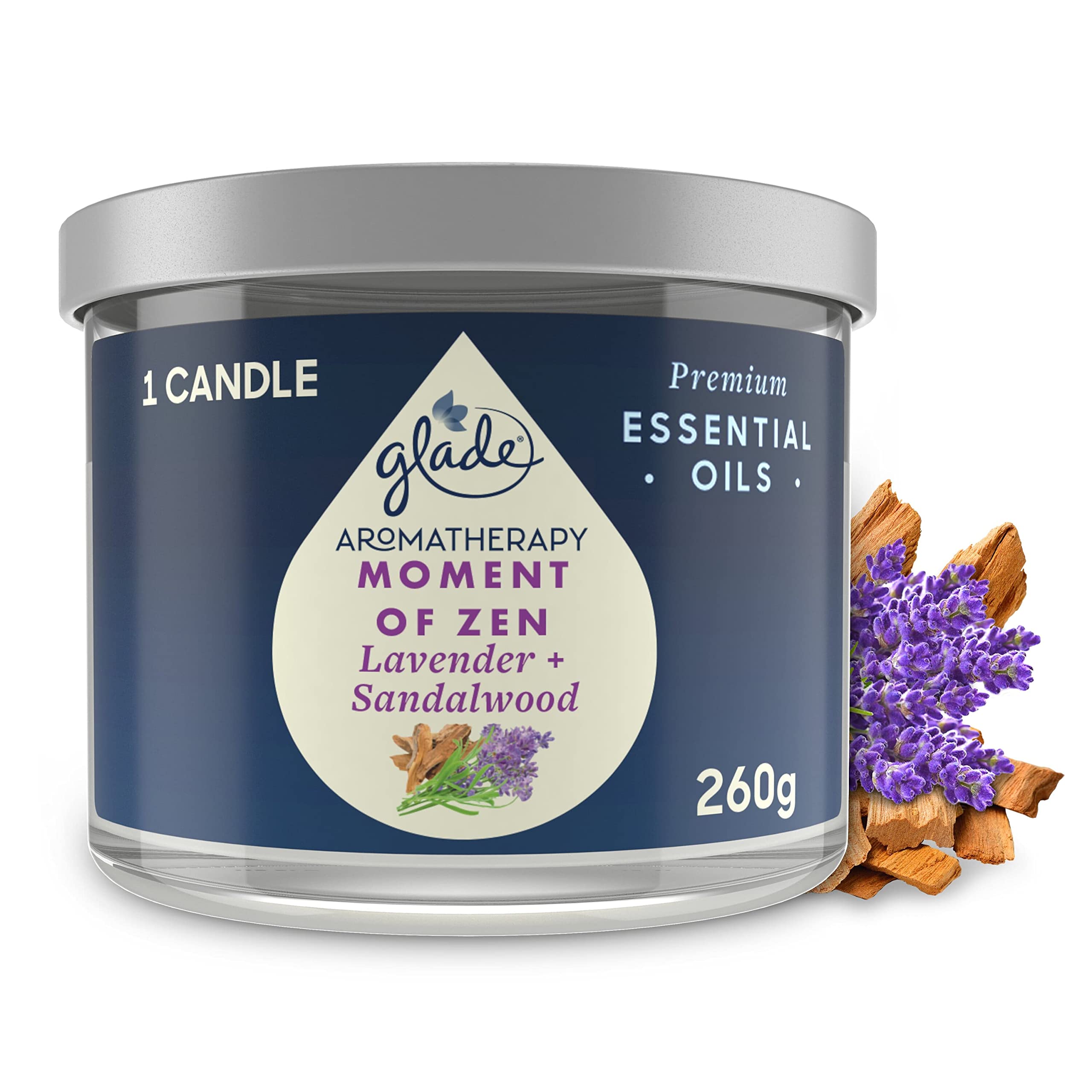 Glade Aromatherapy Candle, Home Decor Scented Candle Relaxing Jar Candle, Up to 37 Hour Burn Time, Moment of Zen with French Lavender & Australian Sandalwood, 260 g
