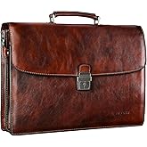 Banuce Vintage Full Grain Italian Leather Briefcase for Men 15.6 Inch Lawyer Briefcase with Lock Legal Attorney Bag with Luggage Strap Gradient Brown