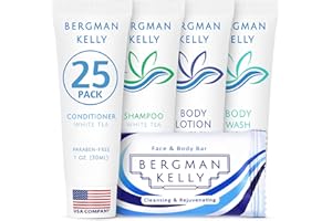 Bergman Kelly - Hotel Toiletries Bundle - White Tea, 1 oz ea, 125 Pieces - 5-Piece Set: 25 ea Rectangular Bar Soap, Shampoo, Conditioner, Body Lotion & Body Wash - Bulk Mini Guest Amenities
