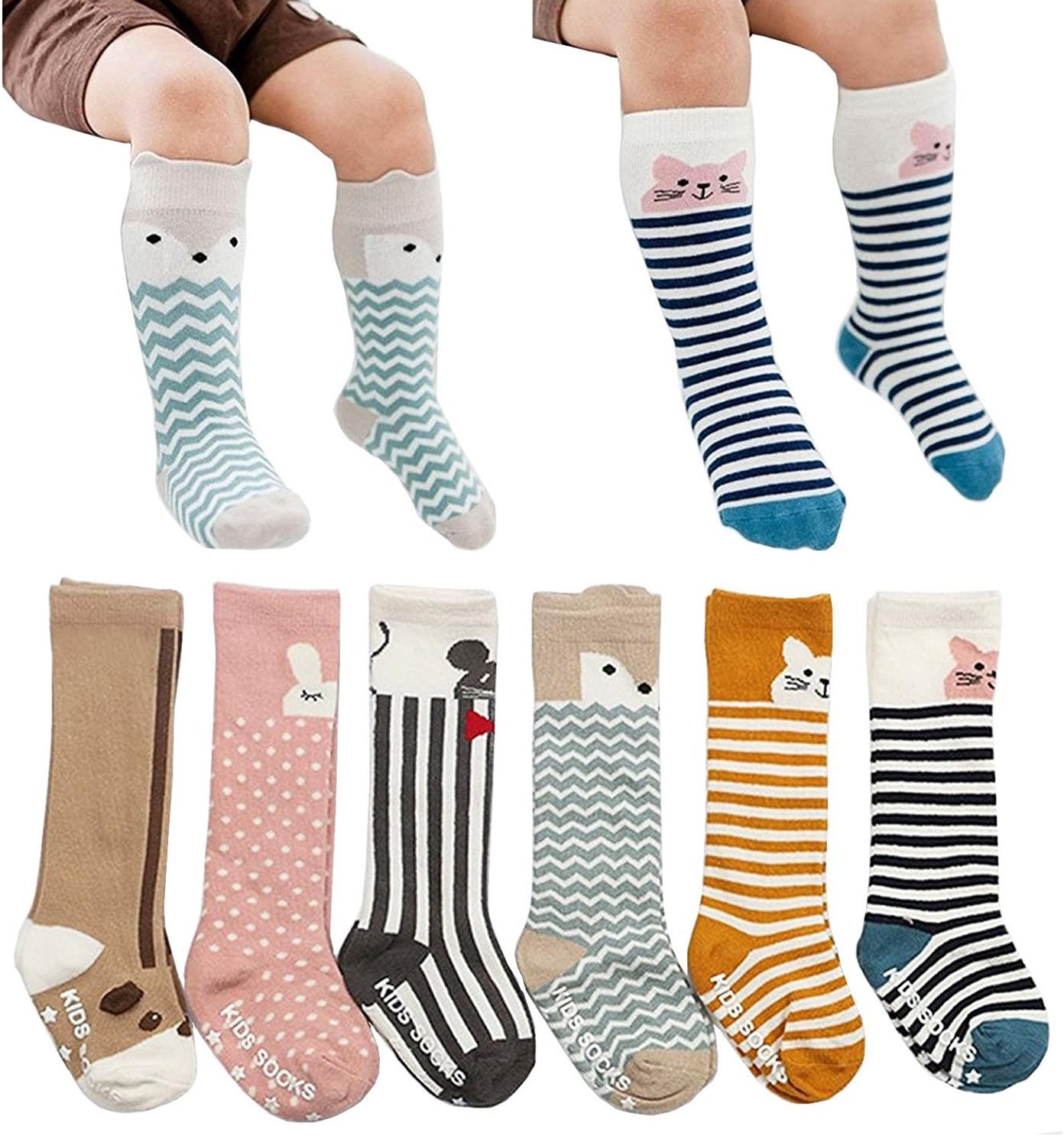 6 Pairs Toddler Socks, Non Skid Knee High Cotton Socks for Baby Boys & Girls