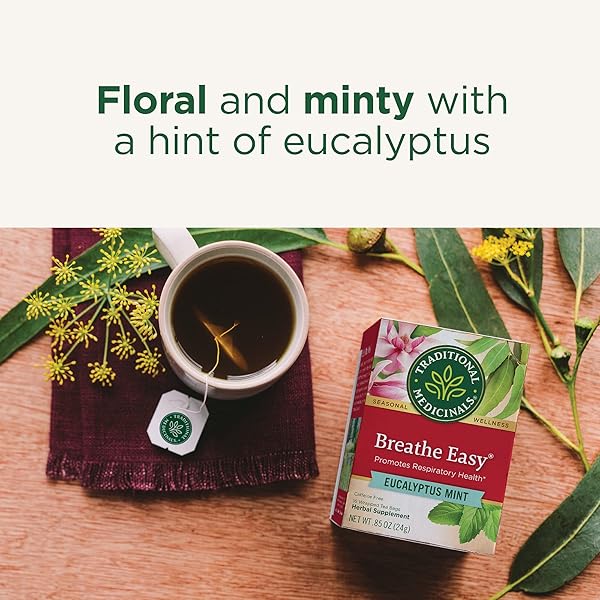 TRADITIONAL MEDICINALS TEA, ORGANIC BREATHE EASY, PROMOTES RESPIRATORY HEALTH, 16 TEA BAGS