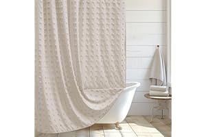 Siiluminisoy Boho Farmhouse Natural Shower Curtain Woven Fabric Shower Curtain, 72 x 72 Tufted Pleat Floral Puffs Textured Modern Farmhouse Minimalist Shower Curtain Set with Hooks for Bathroom