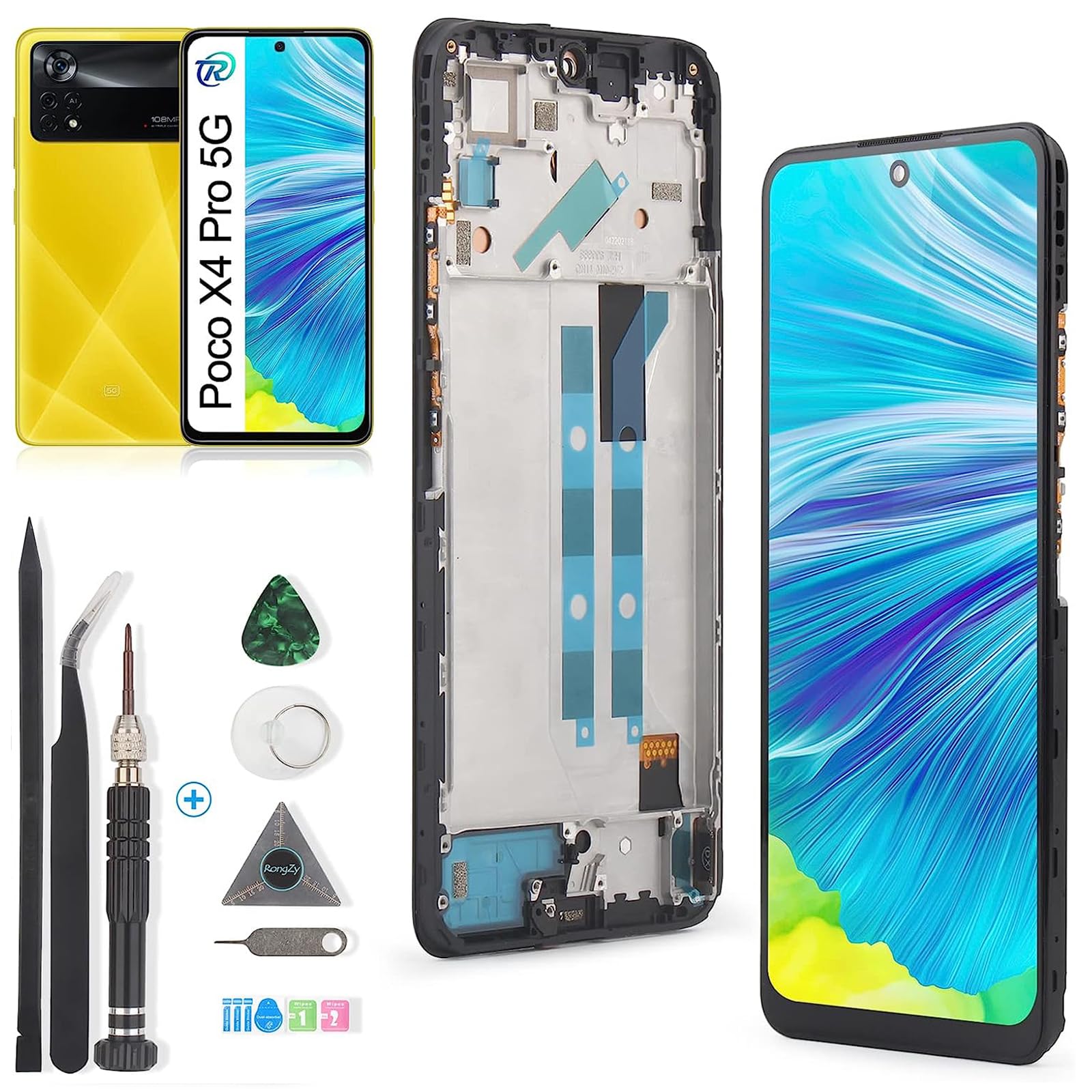 RongZy Display for Xiaomi Poco X4 Pro 5G 2201116PG LCD Screen Replacement Digitizer Touch Screen Assembled Replacement with Tools (Black with Frame)