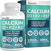 PrimeMD 4-in-1 Calcium 1200mg, Vitamin D3 K2 5000IU, Vegan Non-GMO, 120ct | Supports Arterial Flow &amp; Bone Health, 4-In-1 D3, K2, Calcium &amp; B12, 600mg, For Women &amp; Men, 2 Capsules Daily