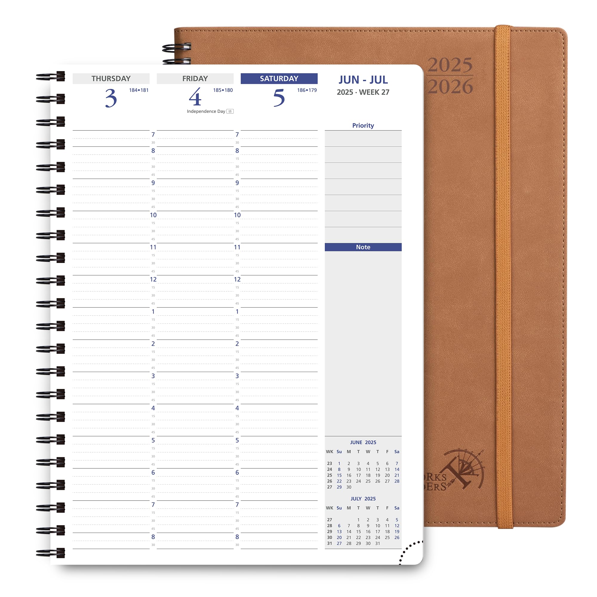 Photo 1 of POPRUN 2025-2026 Academic Planner Spiral Bound, 8.5'' x 11.25'' Appointment Book (July 2025-June 2026) Quarter-Hourly Weekly Schedule, Leather Cover, Monthly Tabs, 2 Inner Pockets - Brown