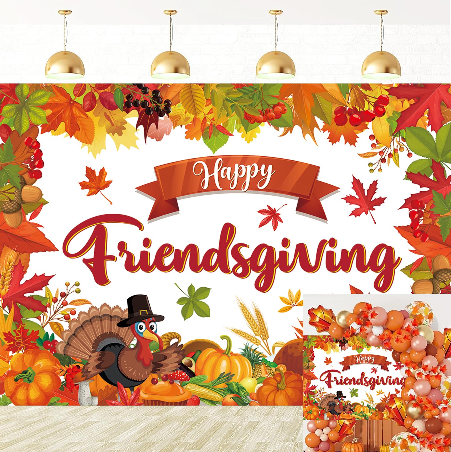 Photo 1 of ?Happy Friendsgiving Banner Backdrop Fall Thanksgiving Maple Leaves Turkey Pumpkin Harvest Photography Background Autumn Friendsgiving Office Family Party Decorations Photo Props (6x4FT)