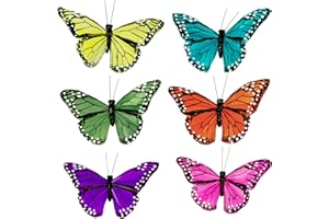 Berfutall- Feather Butterfly Decorations Set of 12 Vibrant Multi Colored Craft Butterflies on Wire .Party Spring Home Decor Floral Pics
