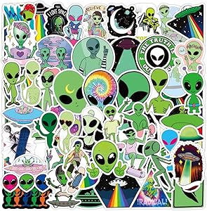 Alien Sticker Pack of 50 UFO Stickers ET Decals for Laptops Hydro Flasks Water Bottles Luggage Helmet
